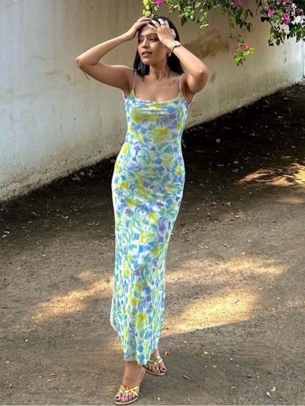 Zara Floral Tie-Dye Spaghetti Strap Maxi Dress in Yellow, Blue & Green